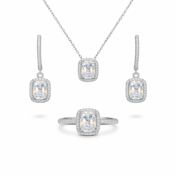 925 Ayar Gümüş Ice Cut Cushion Zirkon Taşlı Takı Seti – Kolye, Küpe ve Yüzük Halo Model